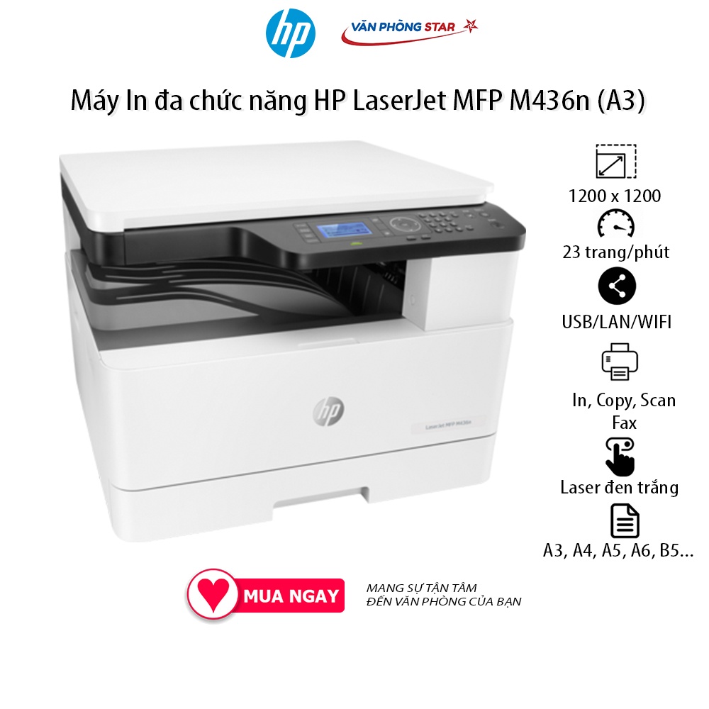 Máy in Laser đa chức năng HP LaserJet MFP M436n A3 tại Vanphongstar tốc độ in 23 trang/phút, copy 23 cpm, scan 30 ipm