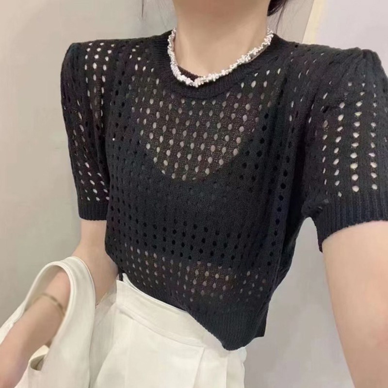 Áo Thun Dệt Kim Tay Ngắn Cổ Tròn Màu Sắc Trơn Thoáng Khí Phong Cách Hàn Quốc Dành Cho Nữ