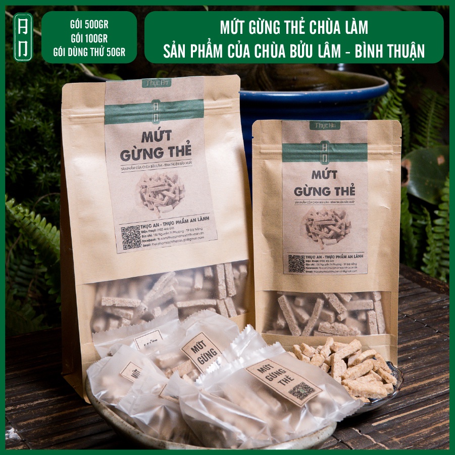 Mứt gừng thẻ ngọt chùa làm, sản phẩm của chùa Bửu Lâm, Bình Thuận, đóng túi 50gram và 500gram