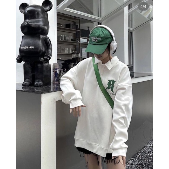 Áo sweater polo dài tay chữ R xanh unisex dưới 80kg Ununisex  - Sweater polo chữ R xanh ununisex