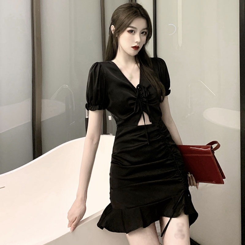 Đầm Tay Phồng Phối Dây Rút Thời Trang Mùa Hè Quyến Rũ Cho Nữ