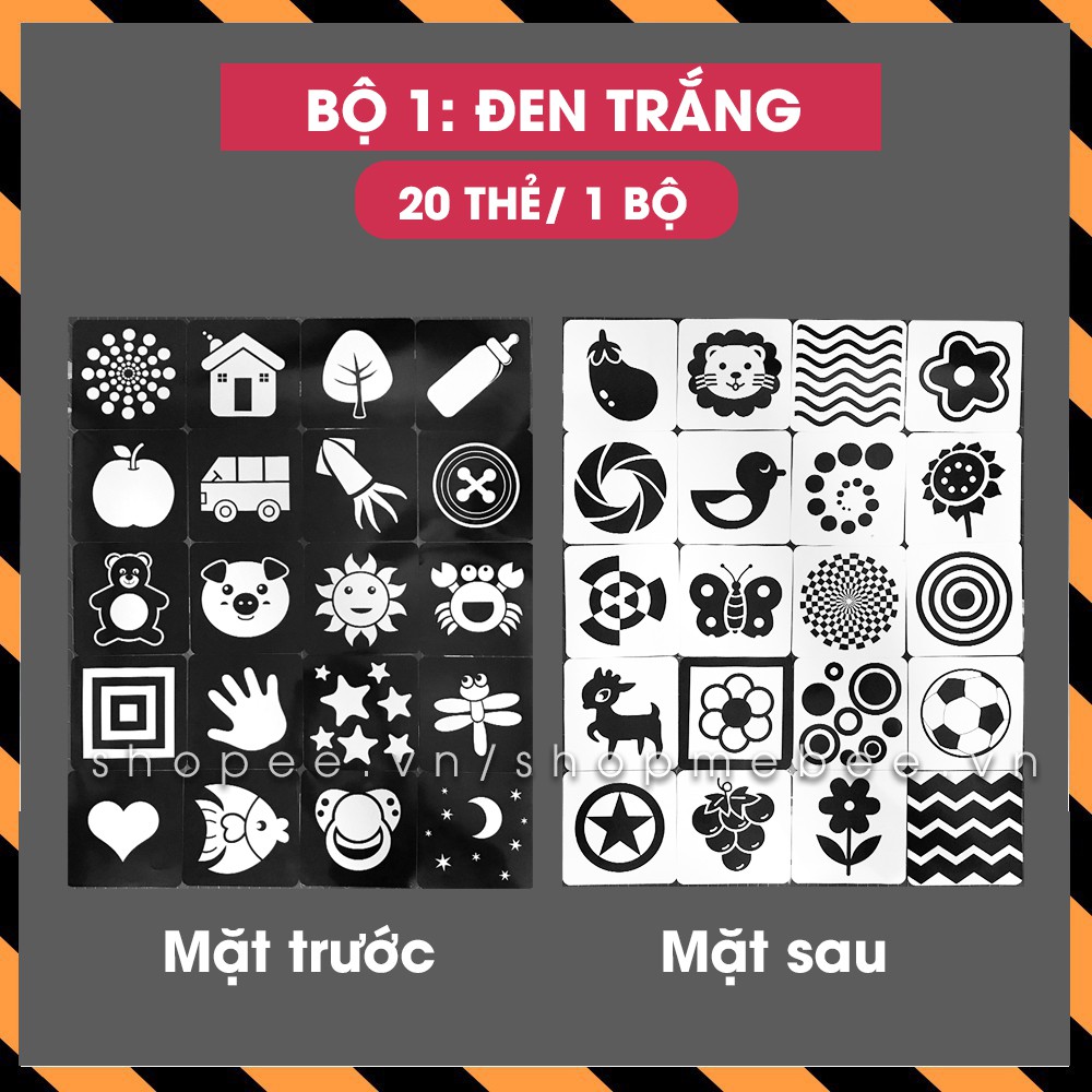 Bộ 20 thẻ kích thích thị giác, cho bé từ 0 tới 36 tháng | Khổ 21x21cm | In 2 mặt cán chống thấm nước