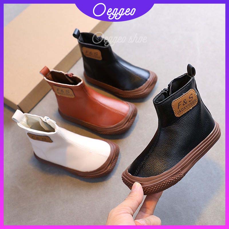 Oeteo Giày Bốt Da Cổ Thấp Đế Bằng Phối Khóa Kéo Bên Hông Cá Tính Cho Bé