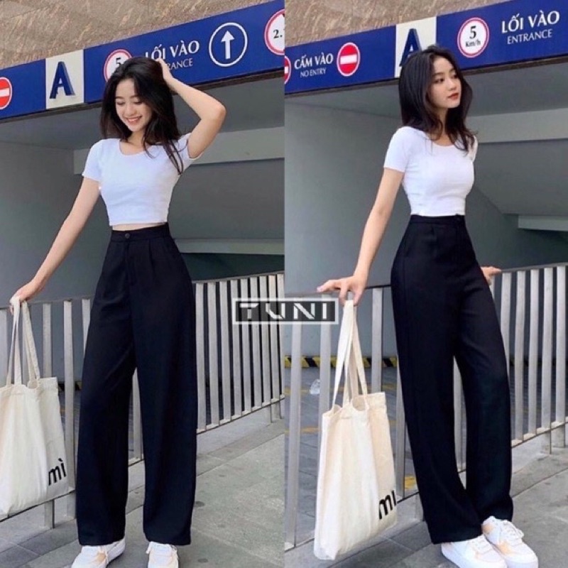 Quần ống rộng nữ lưng cao khóa trước vải tuyết mưa quần suông dáng dài học sinh đi học M188