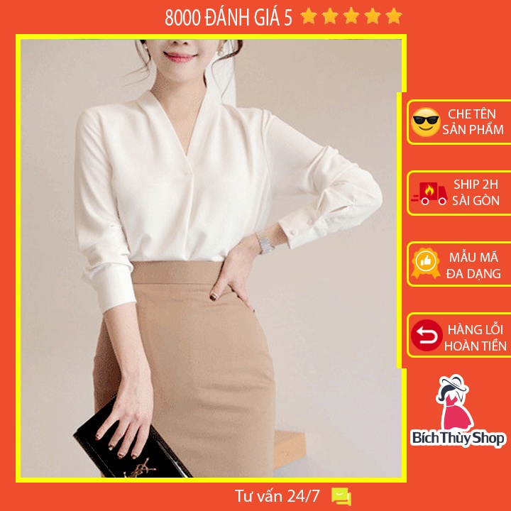 Áo sơ mi nữ công sở màu trắng cổ V (kèm hình thật khách mặc)