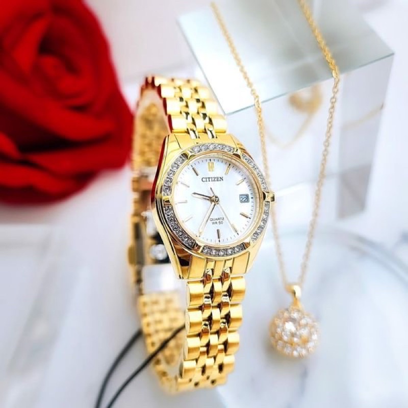 ĐỒNG HỒ NỮ CHÍNH HÃNG Citizen EU6062-50D Quartz Full Gold Stainless Steel & Case White Dial Diamonds