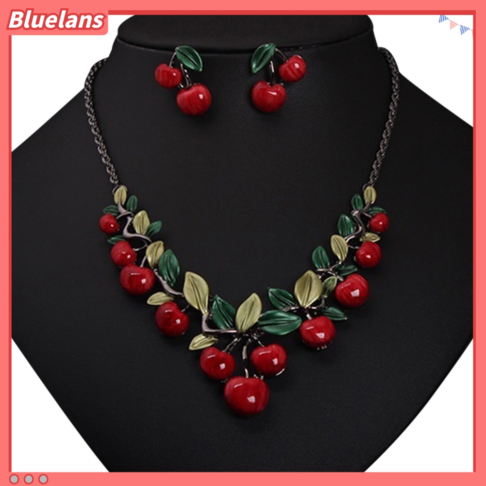 Bluelans♡ 1 Set Vòng cổ Và Bông Tai Hình Trái Cherry Đỏ Phong Cách Cổ Điển