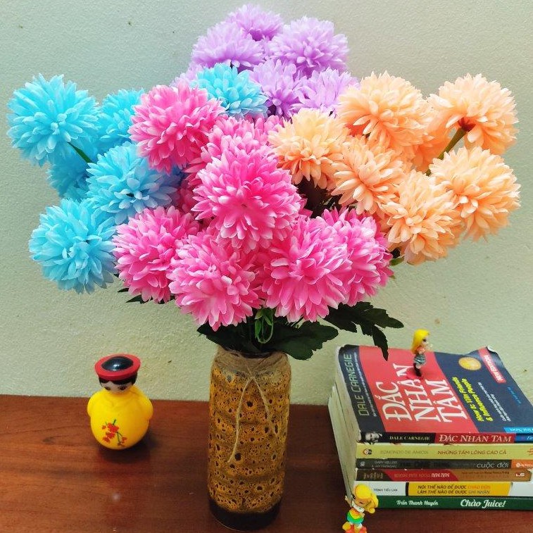 10 bông hoa giả Bồ công anh trên một cành- Hoa cẩm tú cầu, cúc ping pong- trang trí tết, văn phòng, gia đình