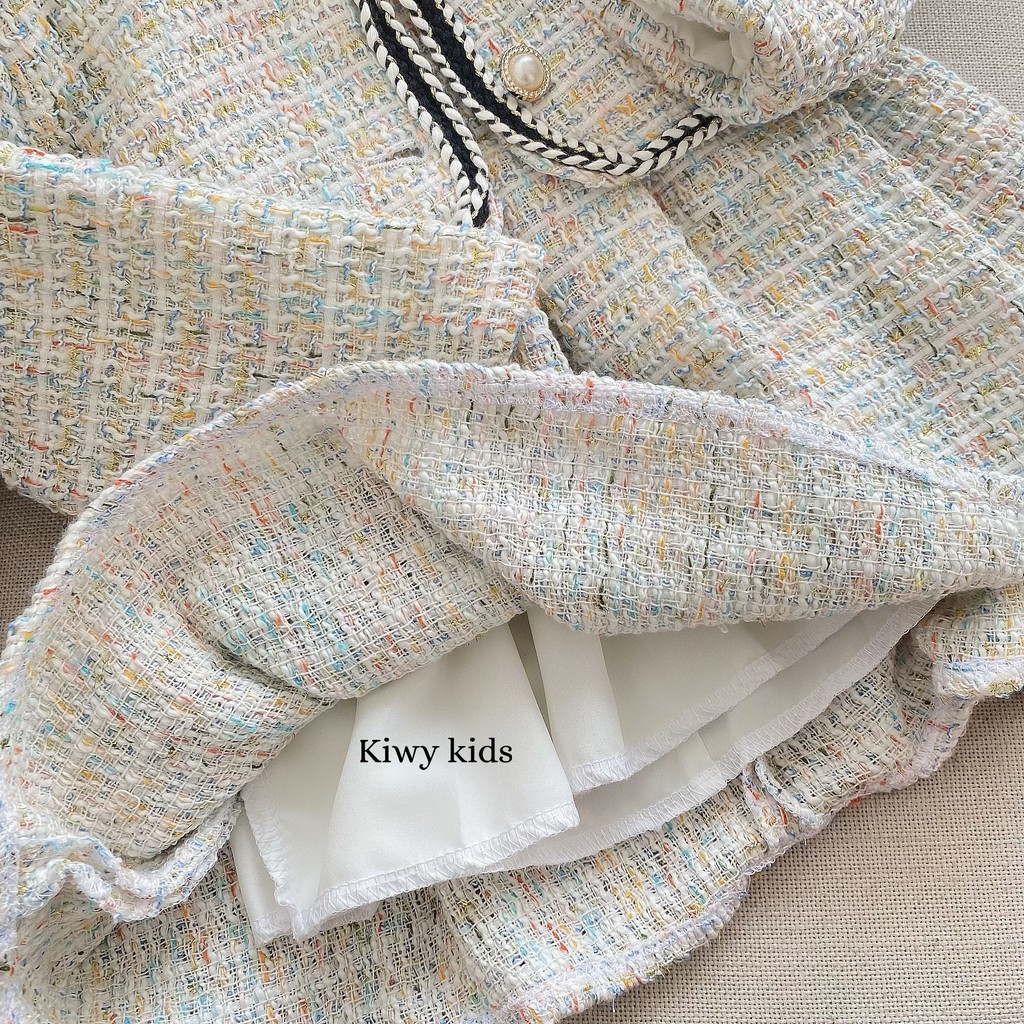 Set đồ thu đông bé gái Kiwy Kids chất liệu tweed sành điệu Kids61 gồm váy liền và áo khoác cho bé 1 đến 3 tuổi