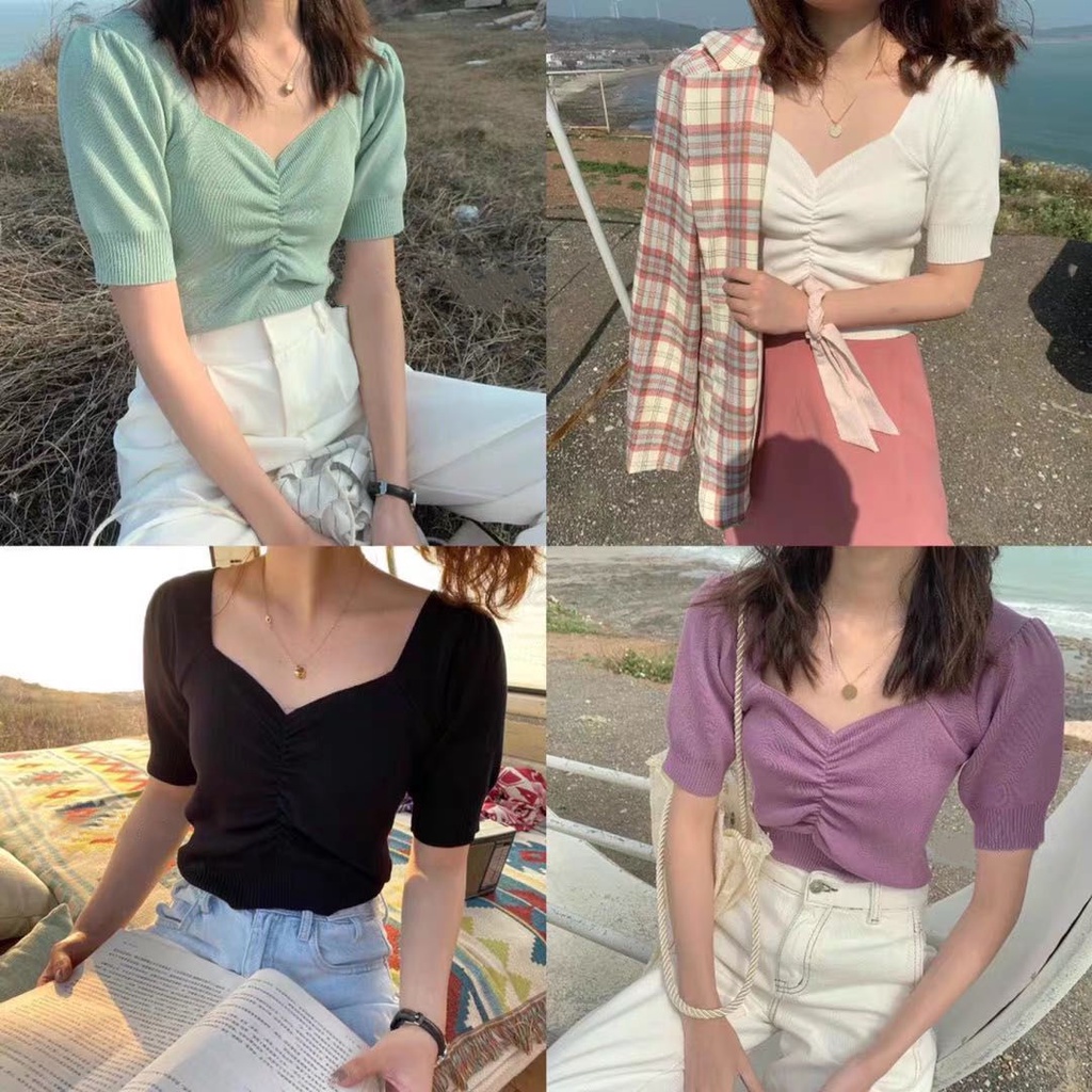 Áo Sweater Tay Ngắn Phồng Cổ Chữ V Phong Cách Hàn Quốc Thời Trang Mùa Hè Mới 2022 Dành Cho Bạn Nữ