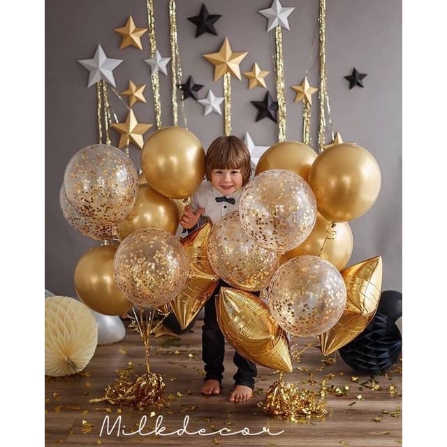 Combo 10 vỏ bóng màu vàng siêu nhũ, trong suốt thả hạt nhũ vàng 30cm