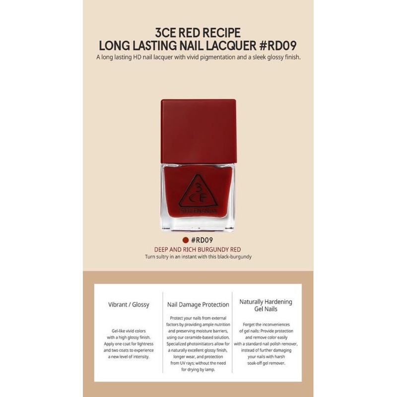 SƠN MÓNG 3CE RED RECIPE LONG LASTING NAIL LACQUER #RD09 ĐỎ RƯỢU