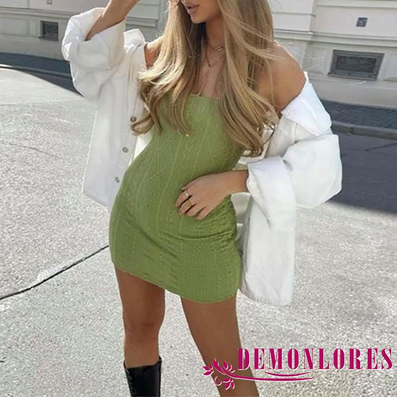 Đầm dệt kim hai dây màu trơn thời trang gợi cảm dành cho nữ