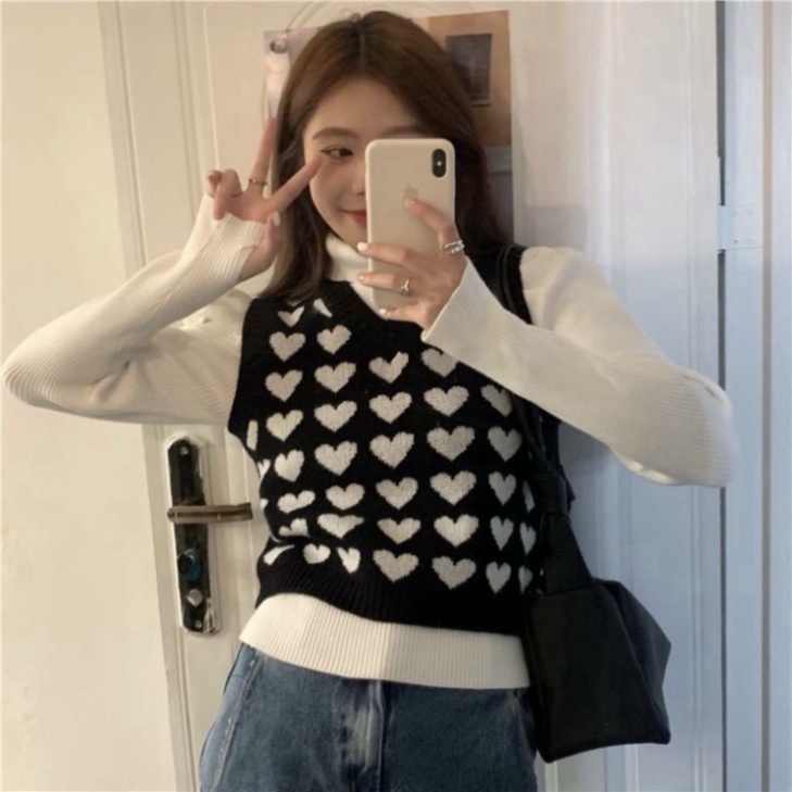 Gile Len Ulzzang Nữ Hàn Quốc, Áo Gile Len Dáng Vừa Họa Tiết Hình Trái Tim Cổ Chữ V HotTrend 2021 Cao Cấp