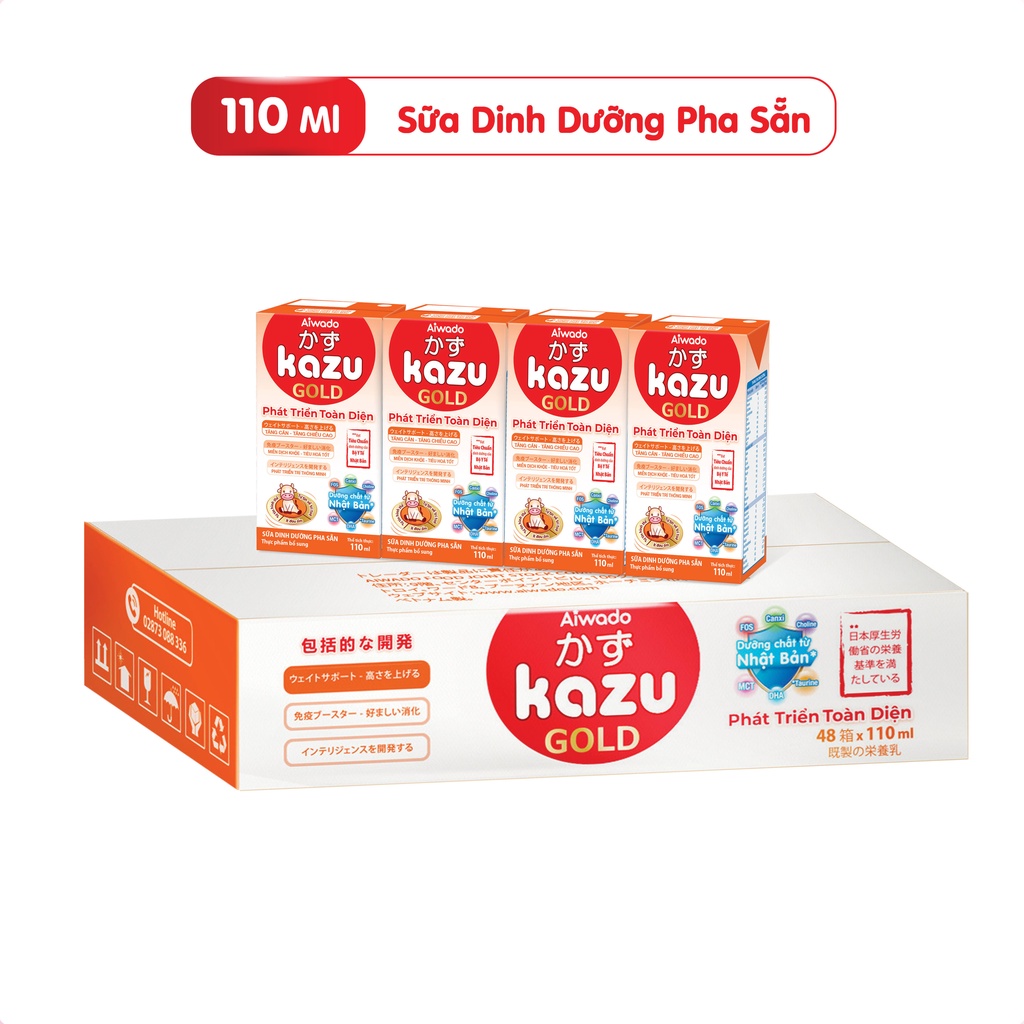 Sữa Bột Pha Sẵn Aiwado Kazu Gold Phát Triển Toàn Diện - Thùng 48 hộp 110ml