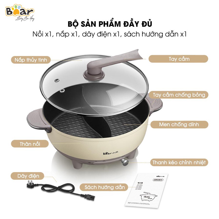 [HOT - XẢ KHO] Nồi lẩu uyên ương Bear DHG-B60R6 6L - BẢN QUỐC TẾ - Nấu lẩu 2 ngăn tiện dụng - Bảo hành 12 tháng