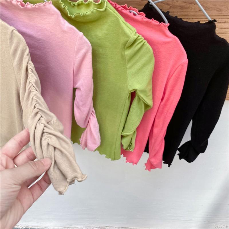 Girl Shirt  Autumn Cotton Long Sleeve Blouse Ear-edge Sleeve Closed Tendon Candy Color Undercoat Top