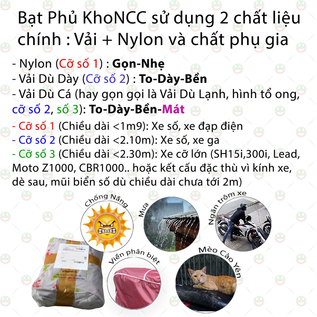 Bạt Phủ Áo Trùm Xe Máy Loại Cỡ Lớn Đến 2.3m - Che Mưa Nắng 100% Cả Dòng SH , Lead, Vespa - NQL-BPXM-DE (Nhiều màu)