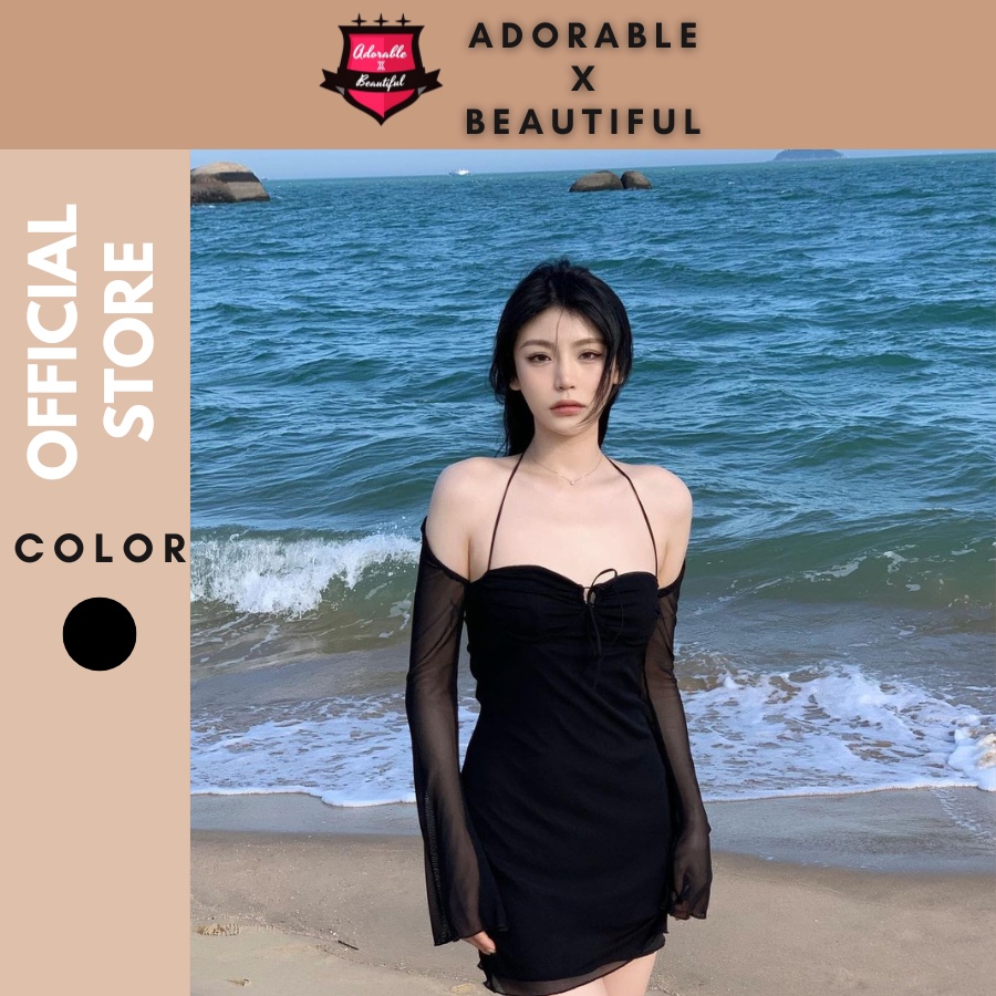 Đầm Body Đen Thun Phối Lưới Trễ Vai Phong Cách Sexy [AdorablexBeautiful]