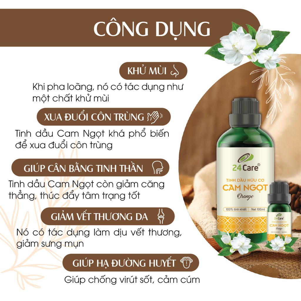 Tinh dầu cao cấp Cam Ngọt 24Care 100ml - xông phòng, chăm sóc răng miệng, thúc đẩy tâm trạng