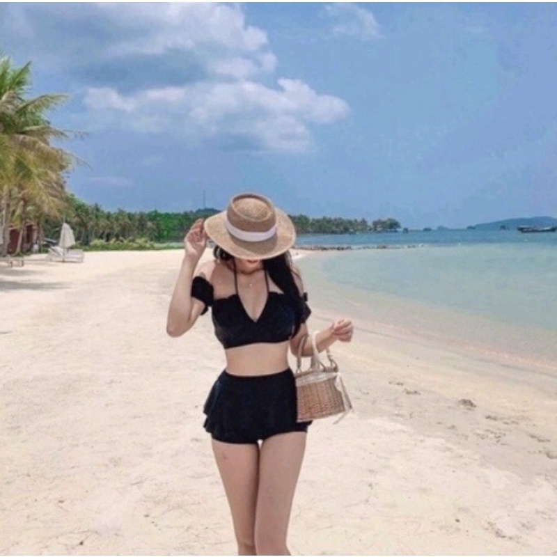 Bikini Đồ bơi nữ hai mảnh đen tay bồng ohoi chân váy xoè áo mặc được nhiều kiểu cực xinh