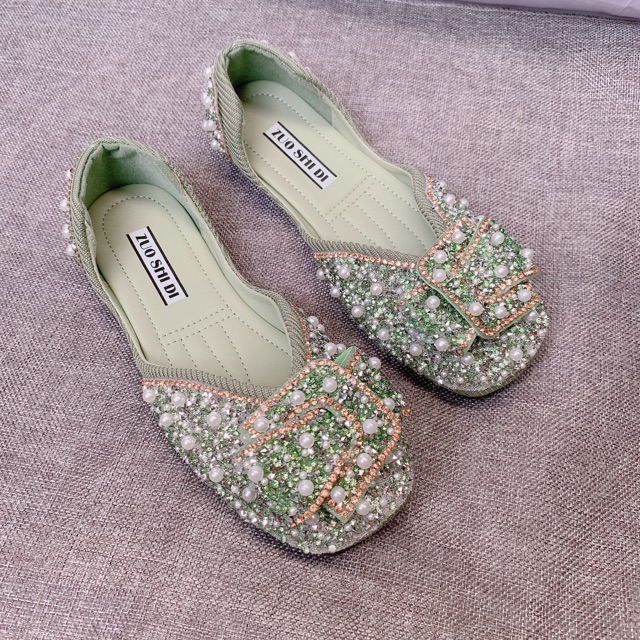 Kèm ảnh thật - Giày bệt nữ đính ngọc đá mũi vuông hàng quảng châu full box xịn loại 1 | BigBuy360 - bigbuy360.vn