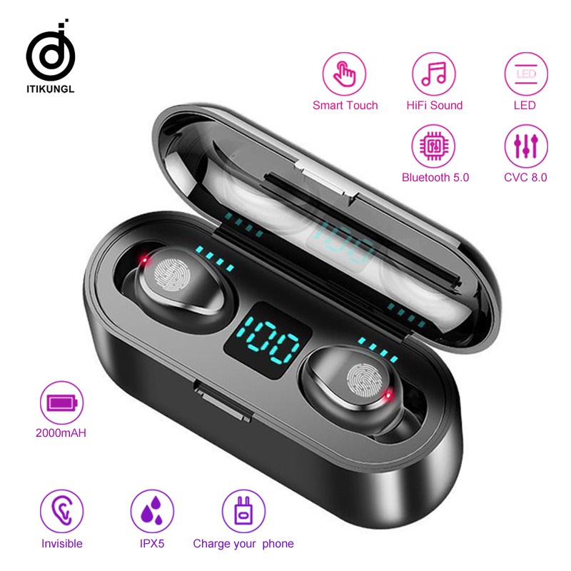 Tai nghe F9 TWS Bluetooth không dây màn hình LED hộp sạc trữ nguồn 2000mAh có micro