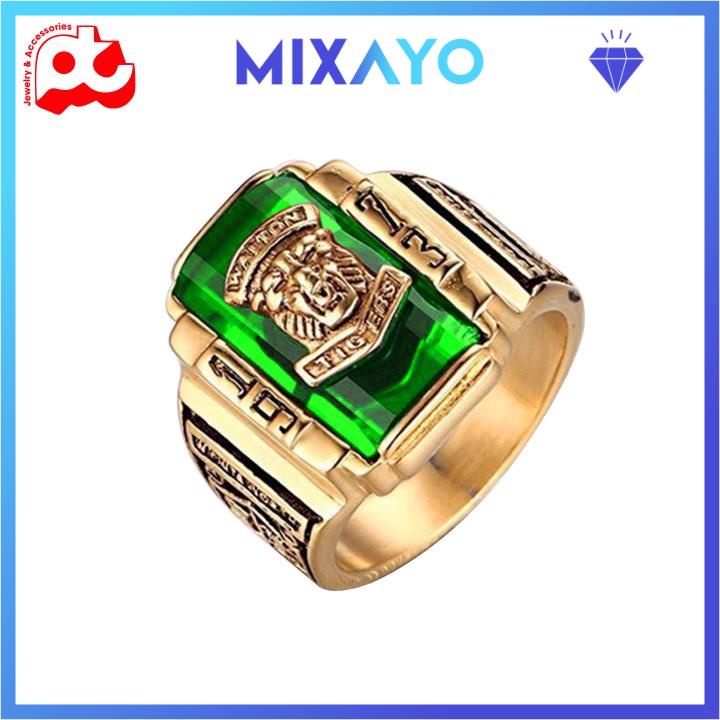 Nhẫn nam inox cao cấp thời trang đẹp titan thép không gỉ kiểu mạ vàng sư tử 1973 MIXAYO đá xanh lá PTNNA216