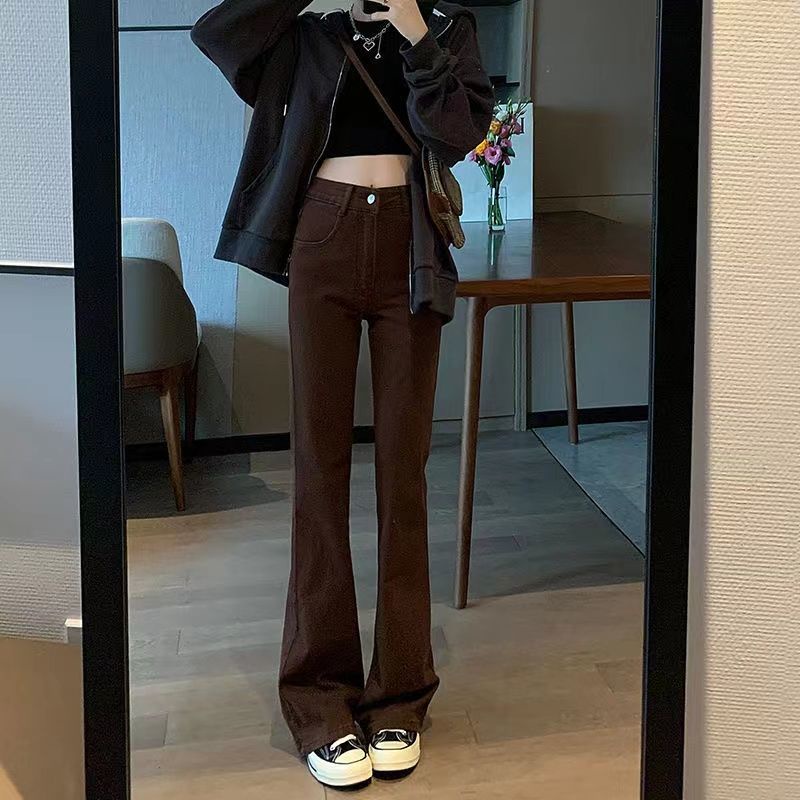 Jiashucheng Quần Jean Nữ Ống Loe Lưng Cao Màu Nâu Phong Cách Mới Mùa Xuân Hè