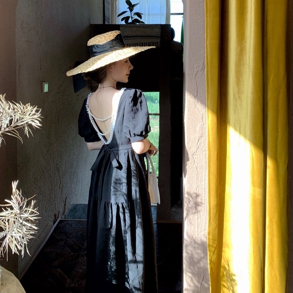 Đầm dáng xòe midi hở lửng tay ngắn Emilyshop