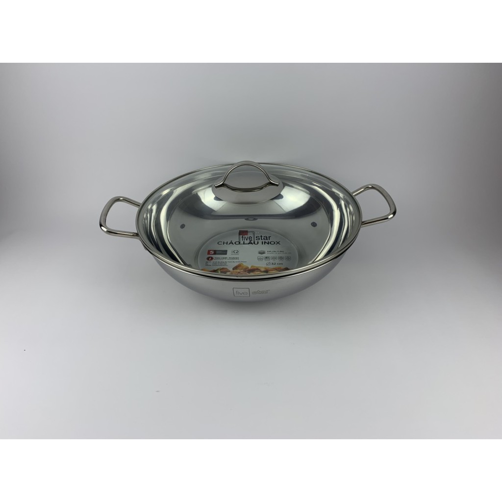 Chảo lẩu xào sâu lòng Fivestar Standard inox 430 bếp từ 3 đáy 32cm nắp kính.tặng 1 vá canh inox