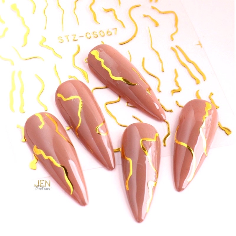 Sticker dán móng nail đường cong line viền vàng