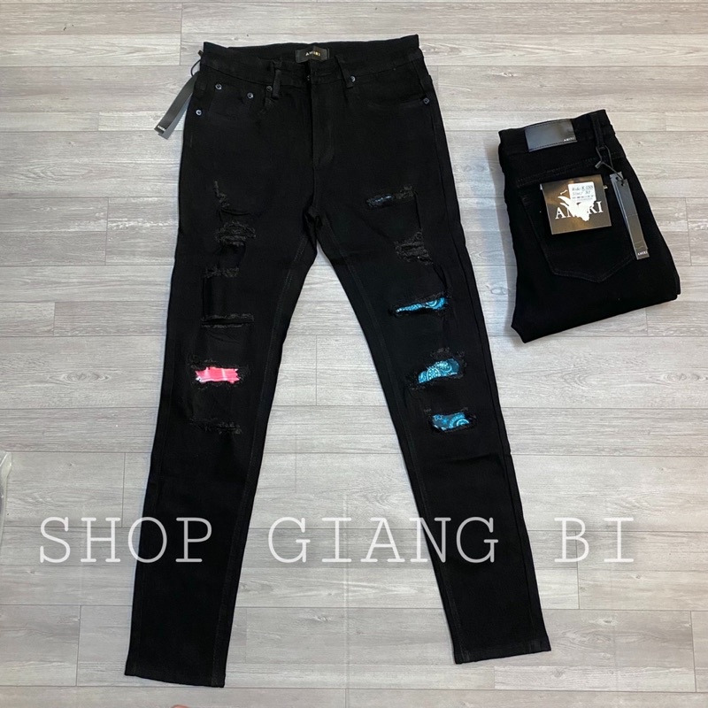 Quần jean nam vá gối xanh đỏ khâu viền,Quần bò vá nhăn amiri xanh đỏ rách gối