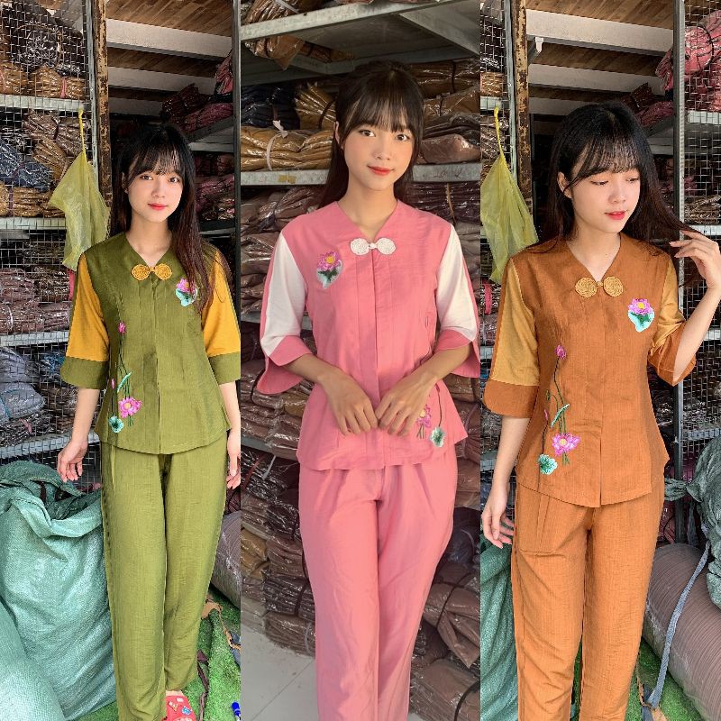 đồ bộ đi chùa #tim một nút vải linen cao cấp