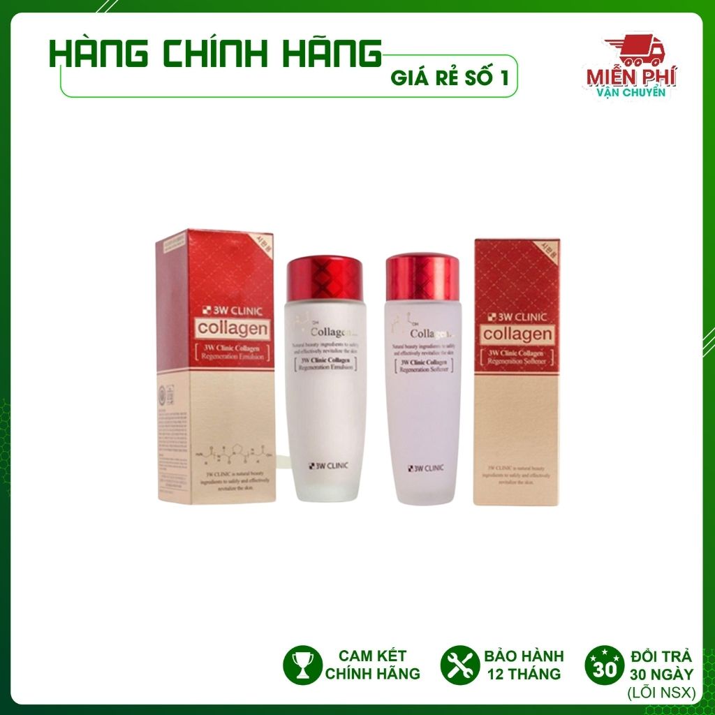 Bộ dưỡng da săn chắc làm trắng dưỡng ẩm chống lão hóa da chiết xuất từ Collagen 3W CLINIC Hàn Quốc [Nước Hoa Hồng+Sữa]