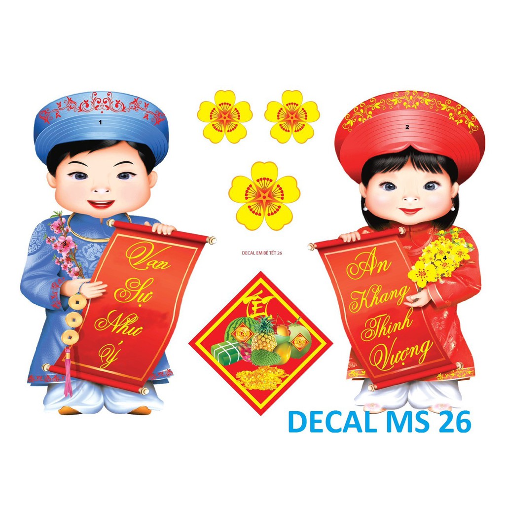 Decal trang trí tết BÉ CHÚC TẾT MẪU 26 (kèm họa tiết nổi)