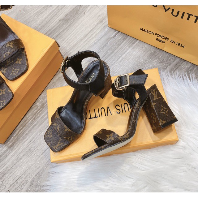 Sandal l v quai ngang đế trụ cao 7cm fullbox bill túi giấy