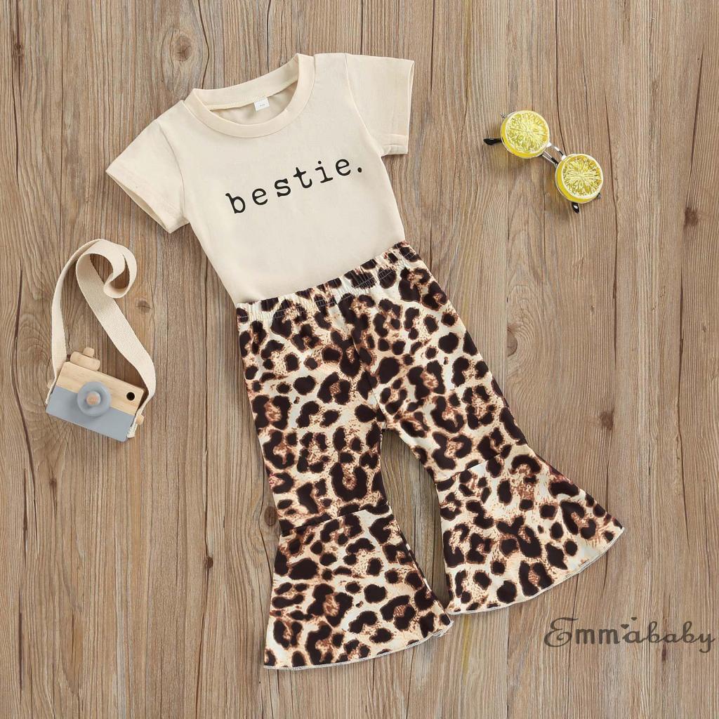 Áo Thun Tay Ngắn Và Quần Dài Ống Loe Họa Tiết Da Báo Cho Bé Gái