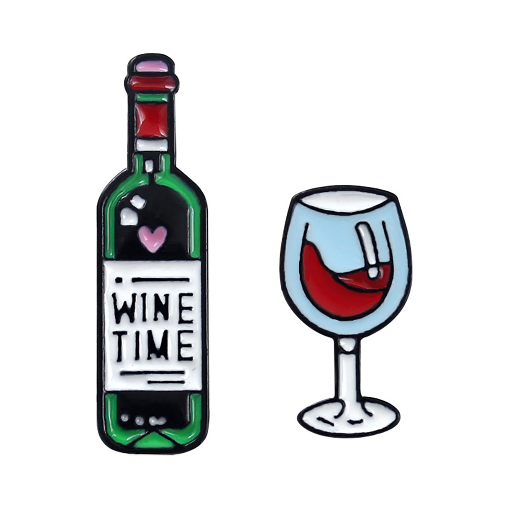 Huy hiệu cài áo hình ly rượu/ chai rượu vang họa tiết chữ cái Tiếng Anh &quot;Wine Time&quot; thời trang