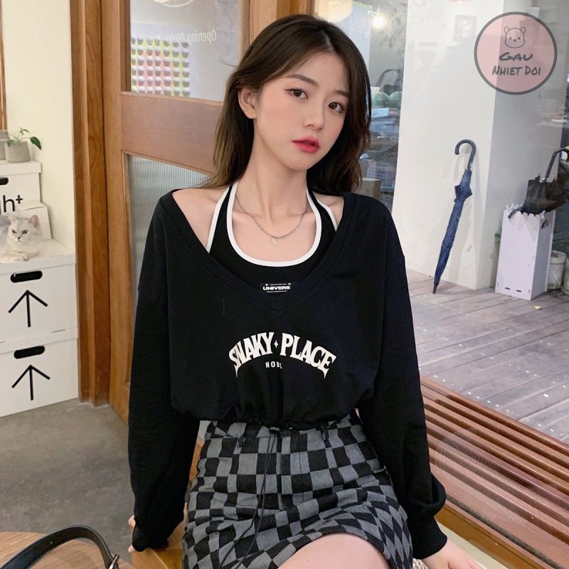 [Gấu Nhiệt Đới] Set Áo Croptop Cổ Tim Dài Tay SNAKY PLACE Kèm Áo Ba Lỗ Hai Màu Đen/Xám