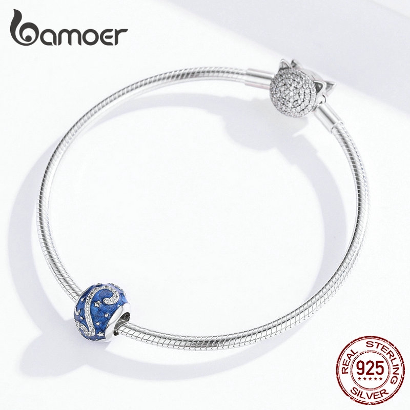 Phụ kiện hạt Bamoer xi bạc 925 phối đá màu lam lấp lánh dùng làm trang sức SCC1387