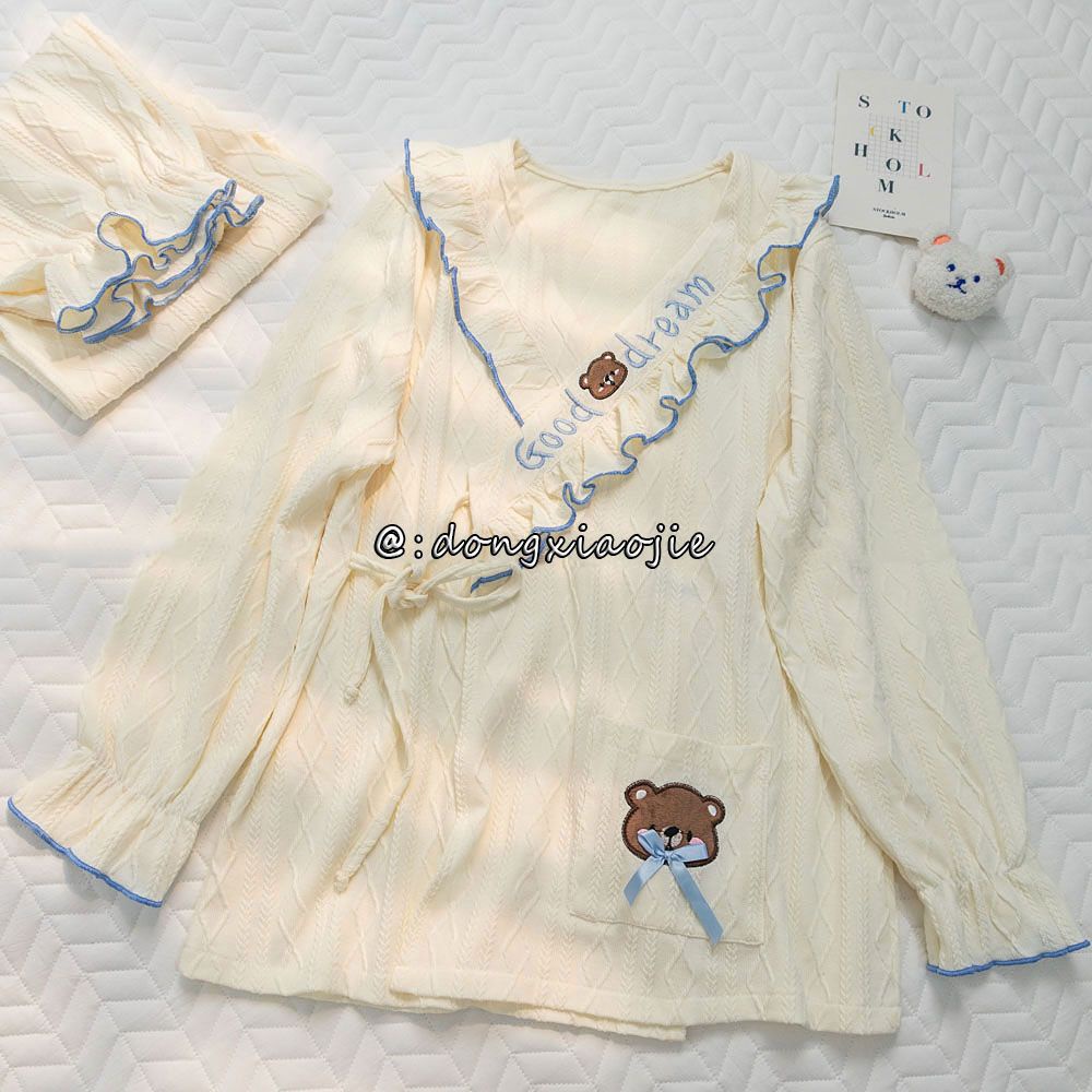 Spring and autumn ins style new Japanese pajamas girls sweet girls casual bear loose student home suit