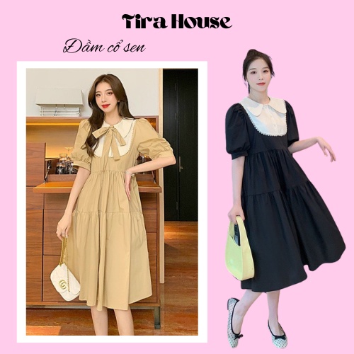 Đầm suông babydoll cổ sơ mi sen, váy dáng dài form rộng, đầm bầu đi tiệc thanh lịch Hàn Quốc