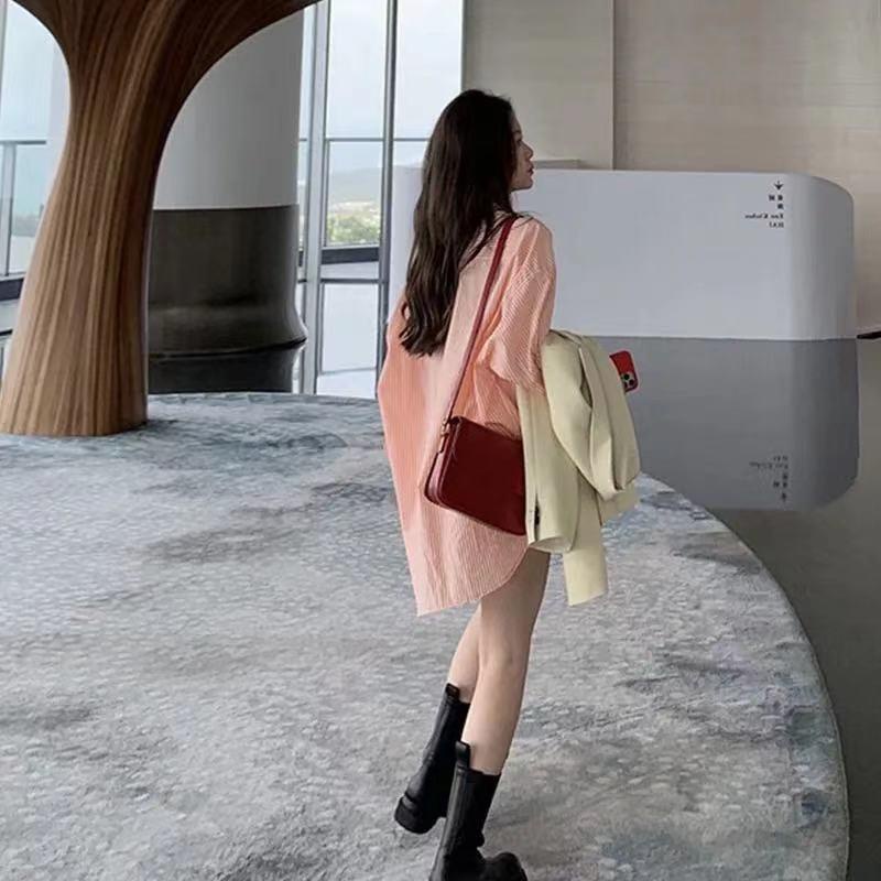 Áo Sơ Mi Chống Nắng Họa Tiết Kẻ Sọc Màu Cam Phong Cách Vintage Thời Trang Mùa Hè Cho Nữ