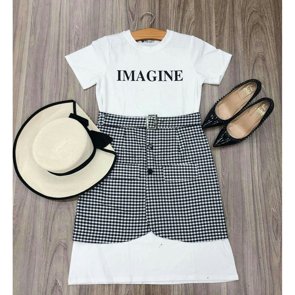 (Bỏ sỉ) Set: đầm thun in chữ IMAGINE+cv caro phối nút kèm nịt , hàng chuẩn shop siêu cute MÃ 1P07063255