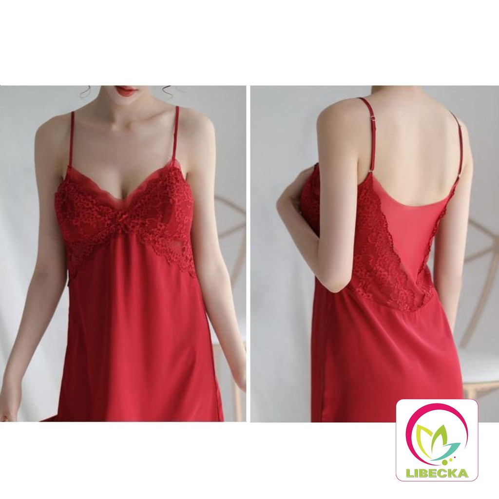 Váy ngủ lụa đẹp dễ thương eo ren 2 dây Sexy gợi cảm quần lọt khe quyến rũ cao cấp LIBECKA VAN06