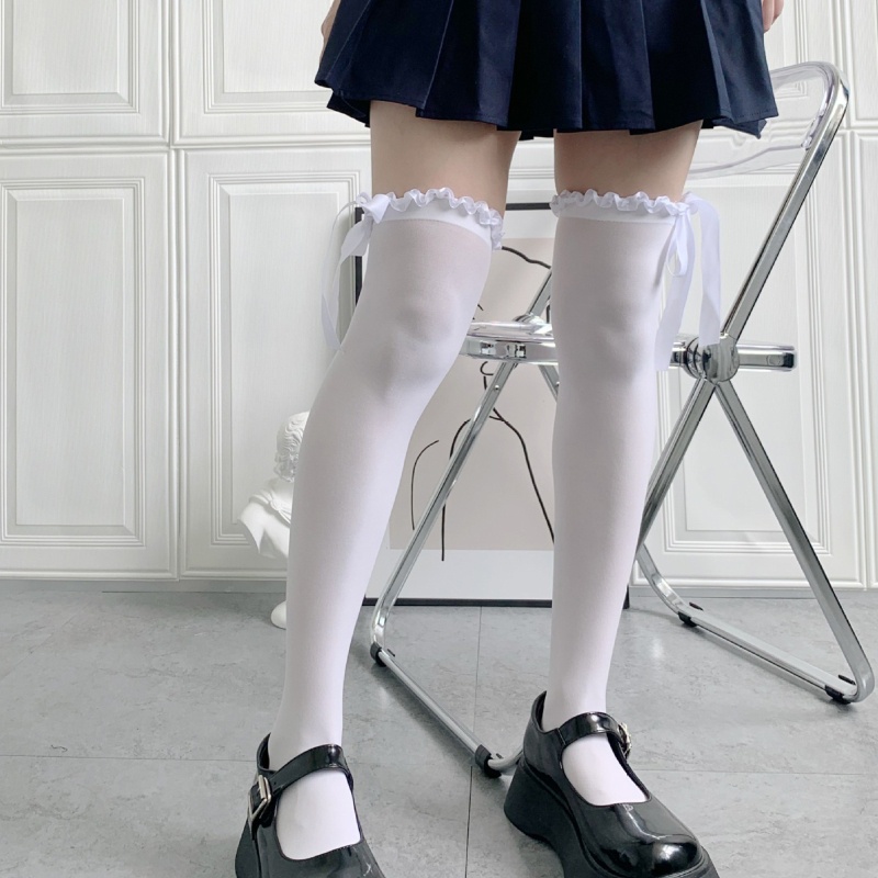 Vớ Dài Qua Gối Vải Satin Phối Ruy Băng Đính Nơ Phong Cách Nhật Bản 10MK