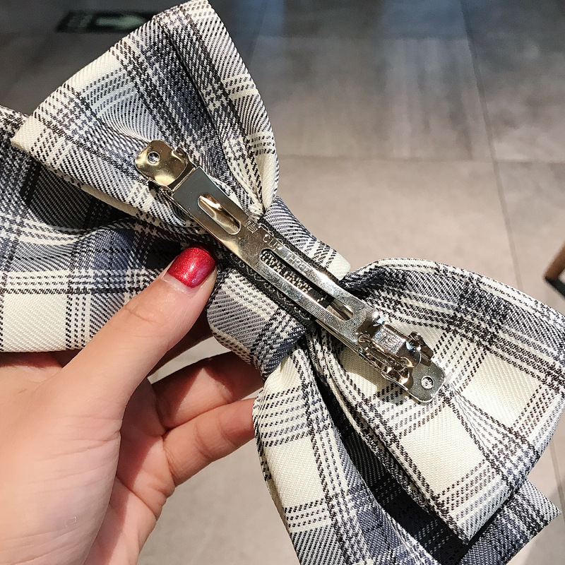Kẹp tóc phối nơ cỡ lớn in họa tiết sọc caro chất liệu satin phong cách Nhật Bản tinh tế cho nữ