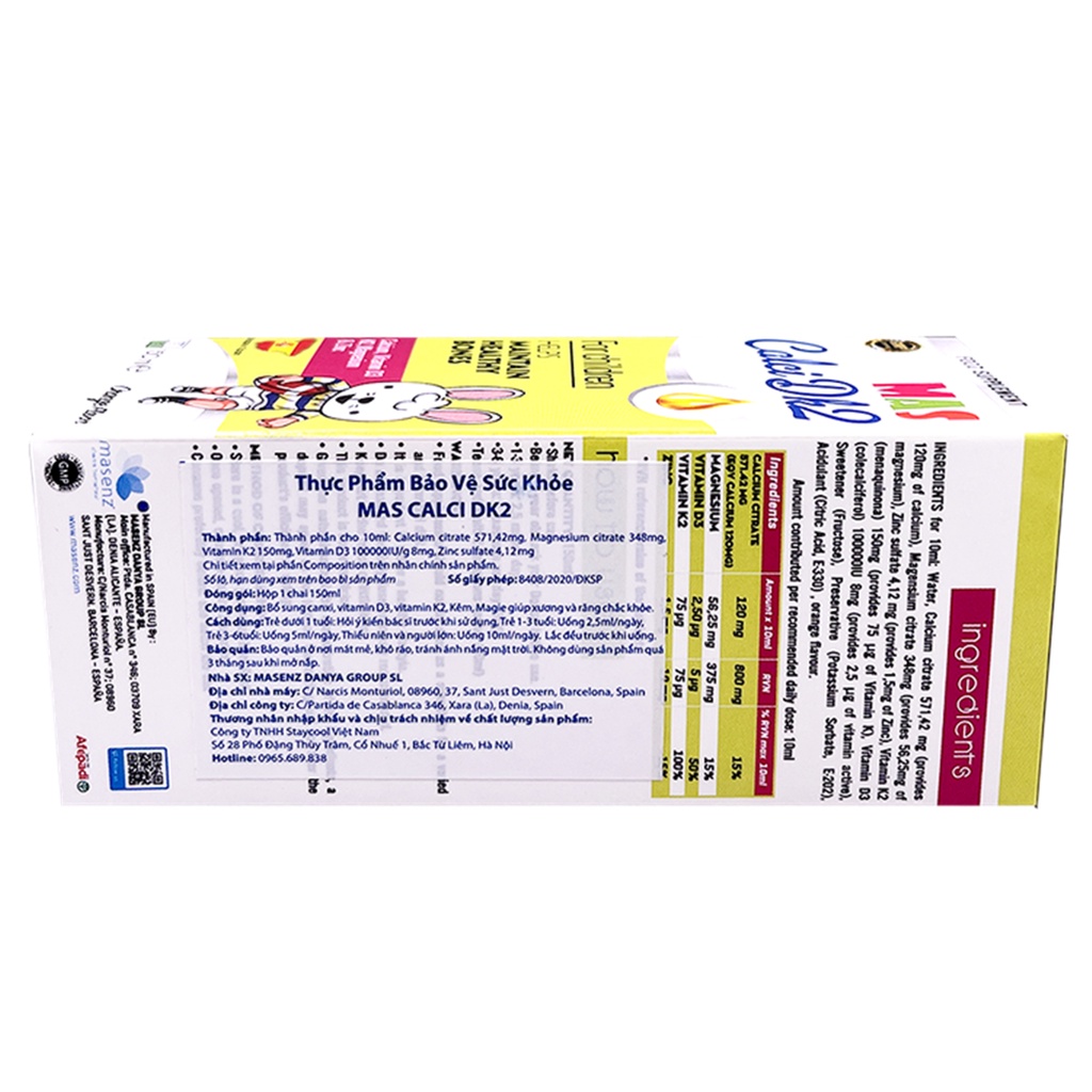BỔ SUNG CANXI VITAMIN D3 VÀ KẼM MAS CALCI DK2 150ml