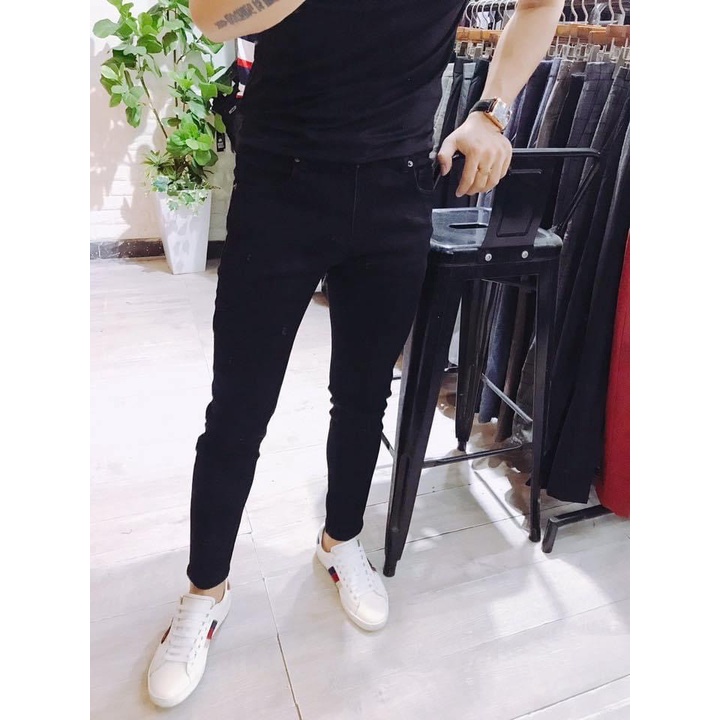 Quần jean nam đen Gấu 194 trơn &amp; rách vải jeans bò cotton duck cao cấp mềm mịn, co dãn - form slim fit [ Bigsize]